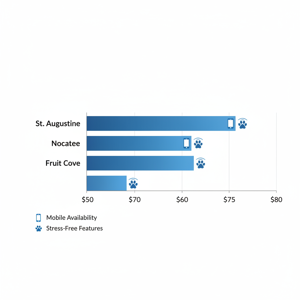 Horizontal bar chart comparing dog grooming costs in St. Augustine, Nocatee, and Fruit Cove neighborhoods with mobile and stress-free icons