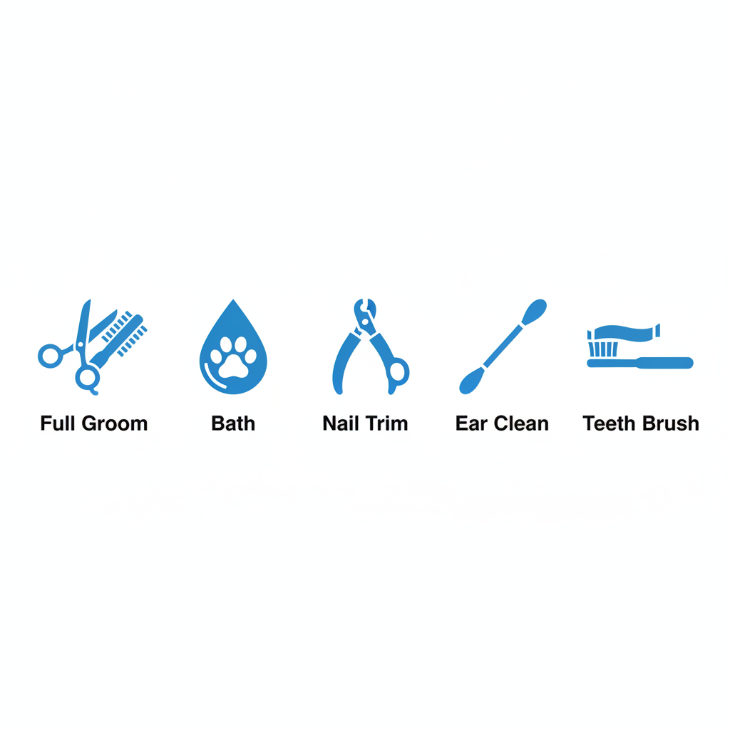 Icons depicting dog grooming services including full groom, bath, nail trim, ear cleaning, and teeth brushing.