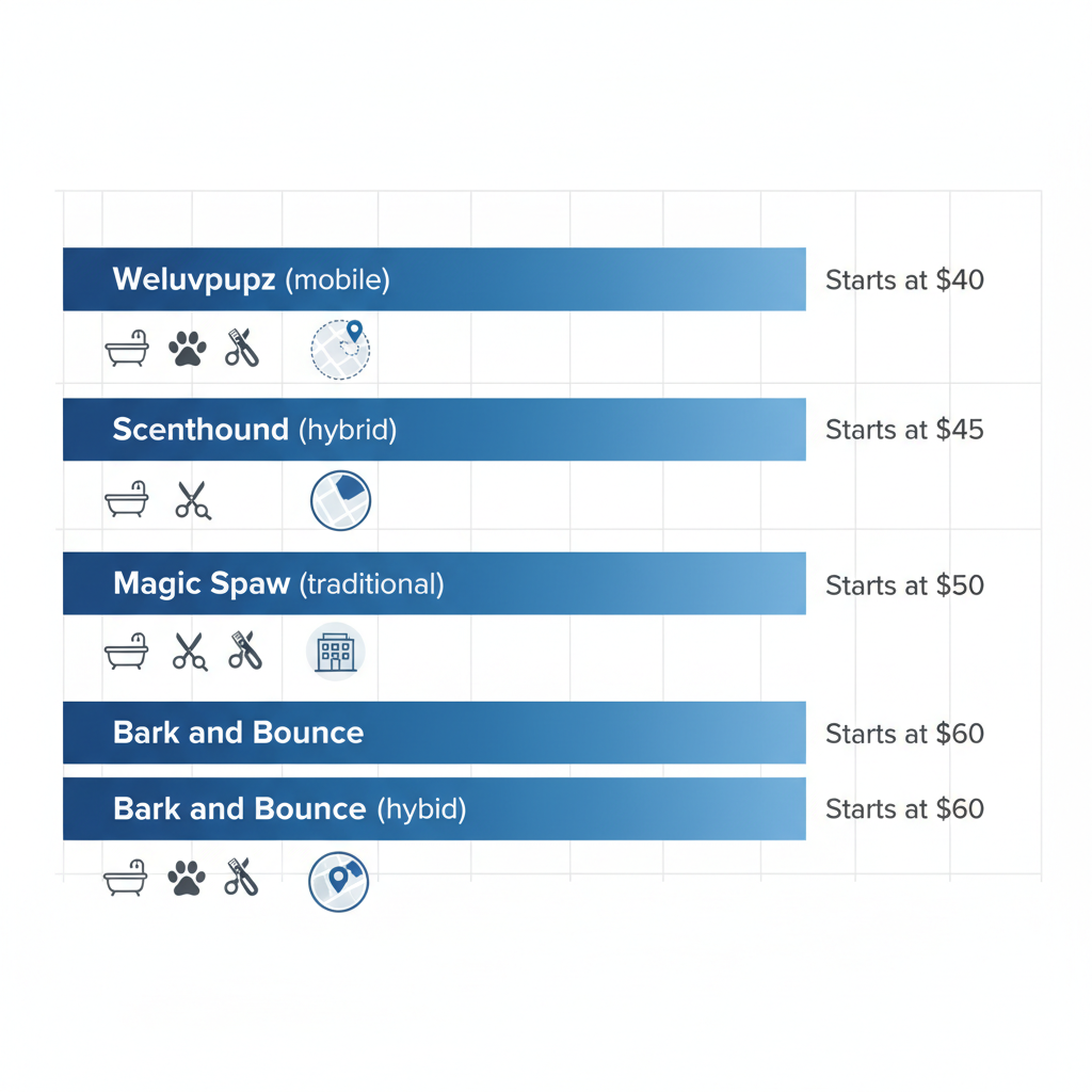 Horizontal bar chart comparing starting prices, service types, and key features of dog grooming providers in St. Augustine including Weluvpupz mobile service