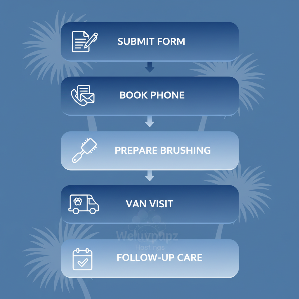 Vertical process flow diagram showing five steps to schedule and prepare for mobile dog grooming service in Hastings with icons.