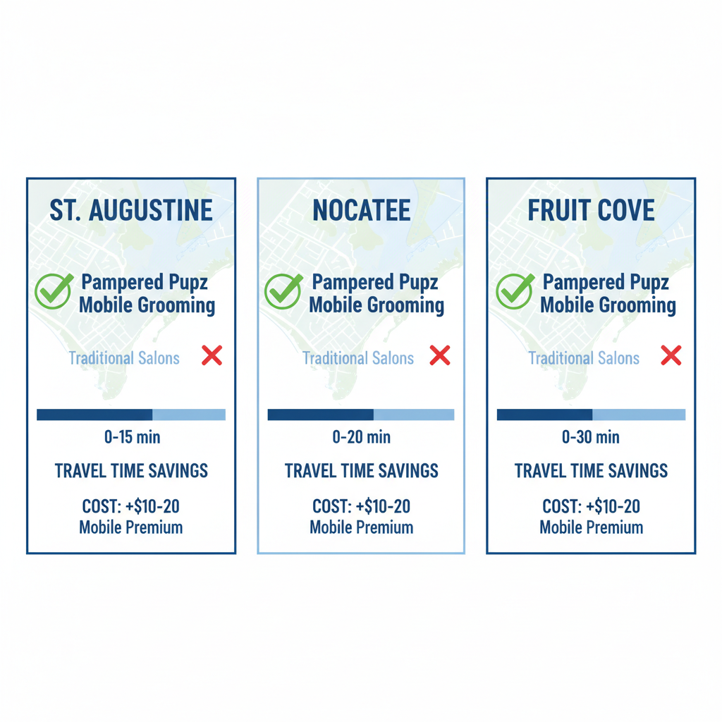 Infographic comparing mobile and traditional dog grooming availability, time savings, and costs in St. Augustine, Nocatee, and Fruit Cove neighborhoods.