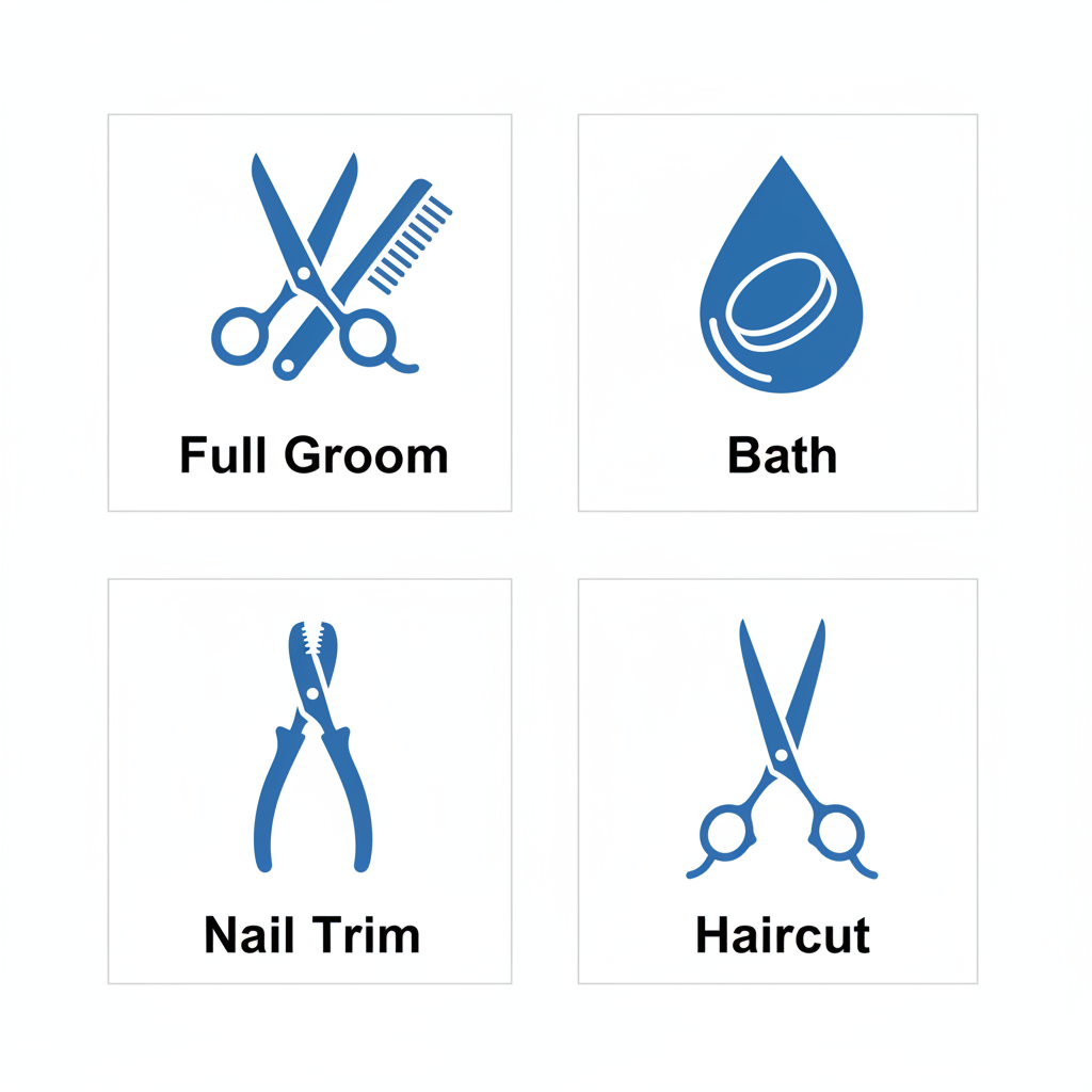 Square grid of icons illustrating mobile dog grooming services: full grooming, bath, nail trim, and haircut