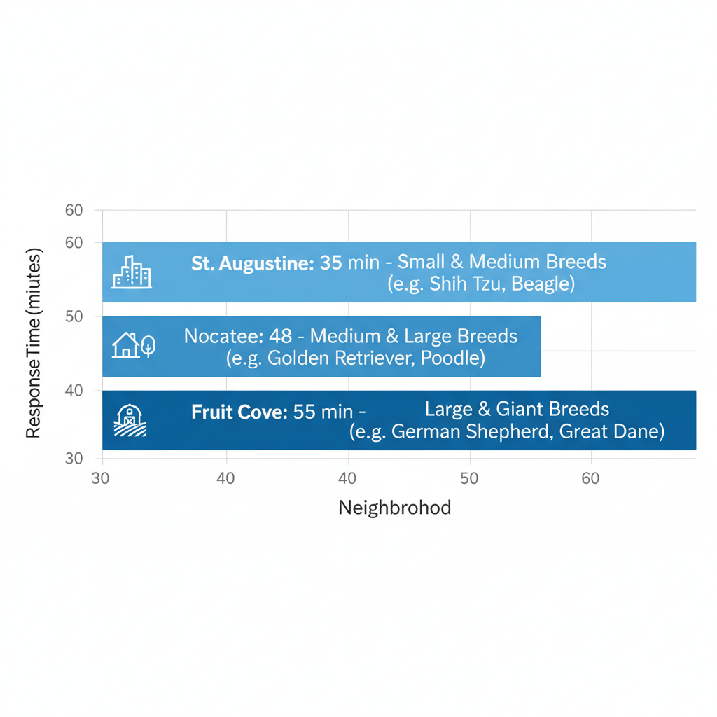 Horizontal bar chart of mobile dog grooming response times across St. Augustine neighborhoods