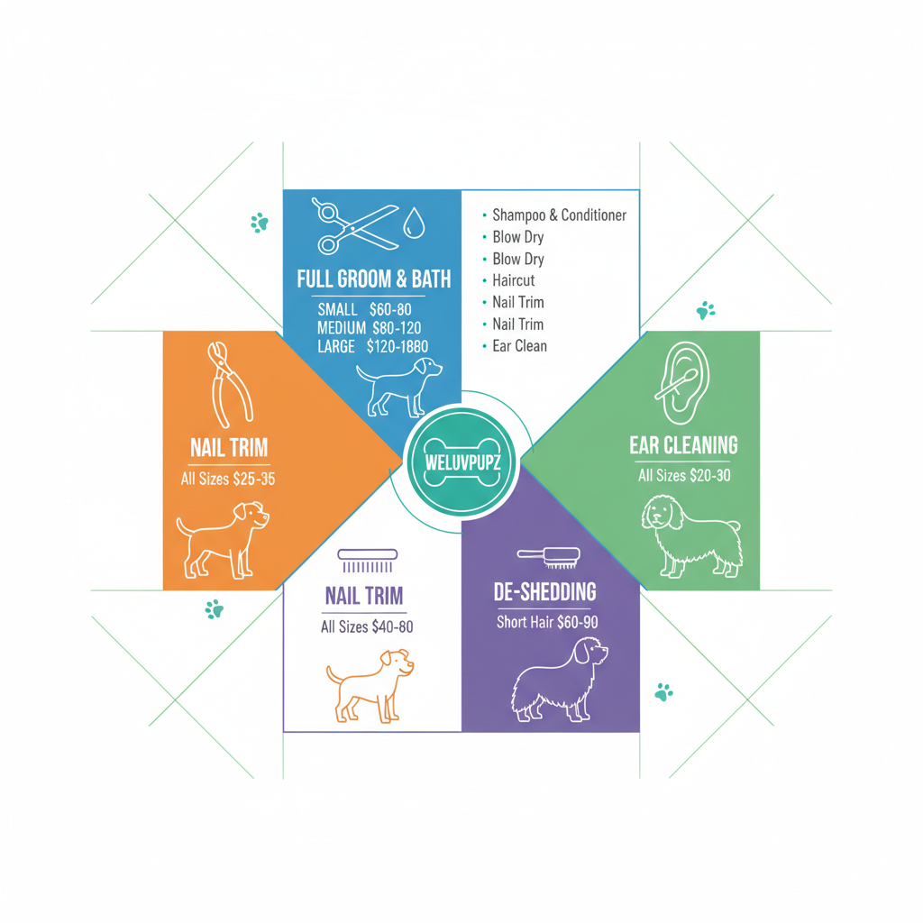 Infographic illustrating four mobile dog grooming services including full groom, nail trim, ear cleaning, and de-shedding with icons and price info by dog size.