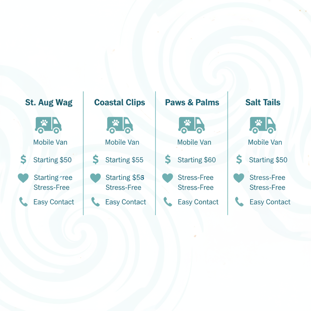 Infographic comparing four mobile dog grooming providers in St. Augustine area with key service icons and stats