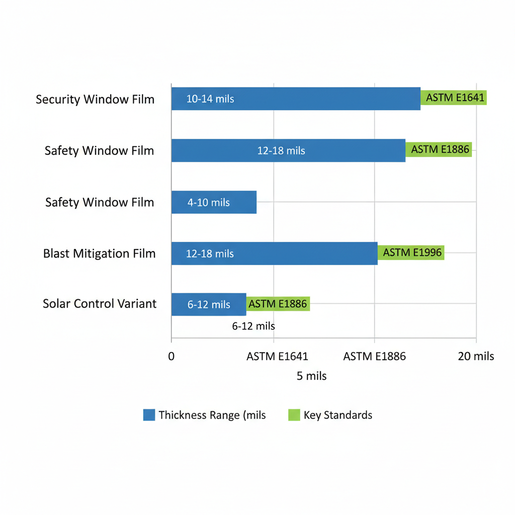 Horizontal bar chart comparing thickness ranges and standards for security, safety, blast mitigation, and solar control window films
