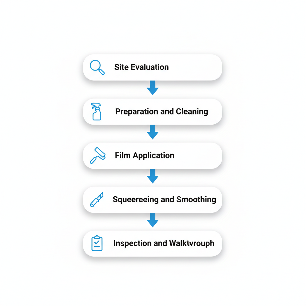 Vertical process flow diagram illustrating the six steps of security window film installation, including site evaluation, preparation, application, smoothing, sealing, and inspection.