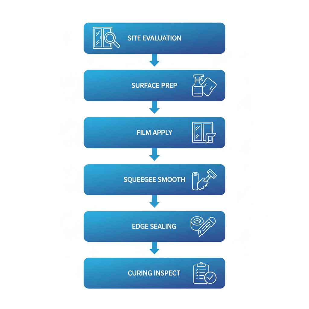 Vertical process flow diagram illustrating the six-step installation of safety window film with icons and labels