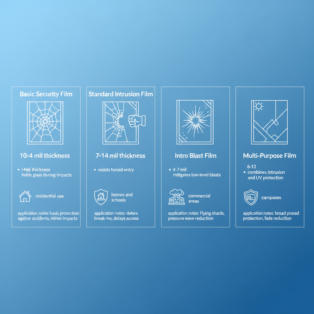Infographic comparing four types of security window films: basic, intrusion, blast, and multi-purpose, with features, thicknesses, and icons.