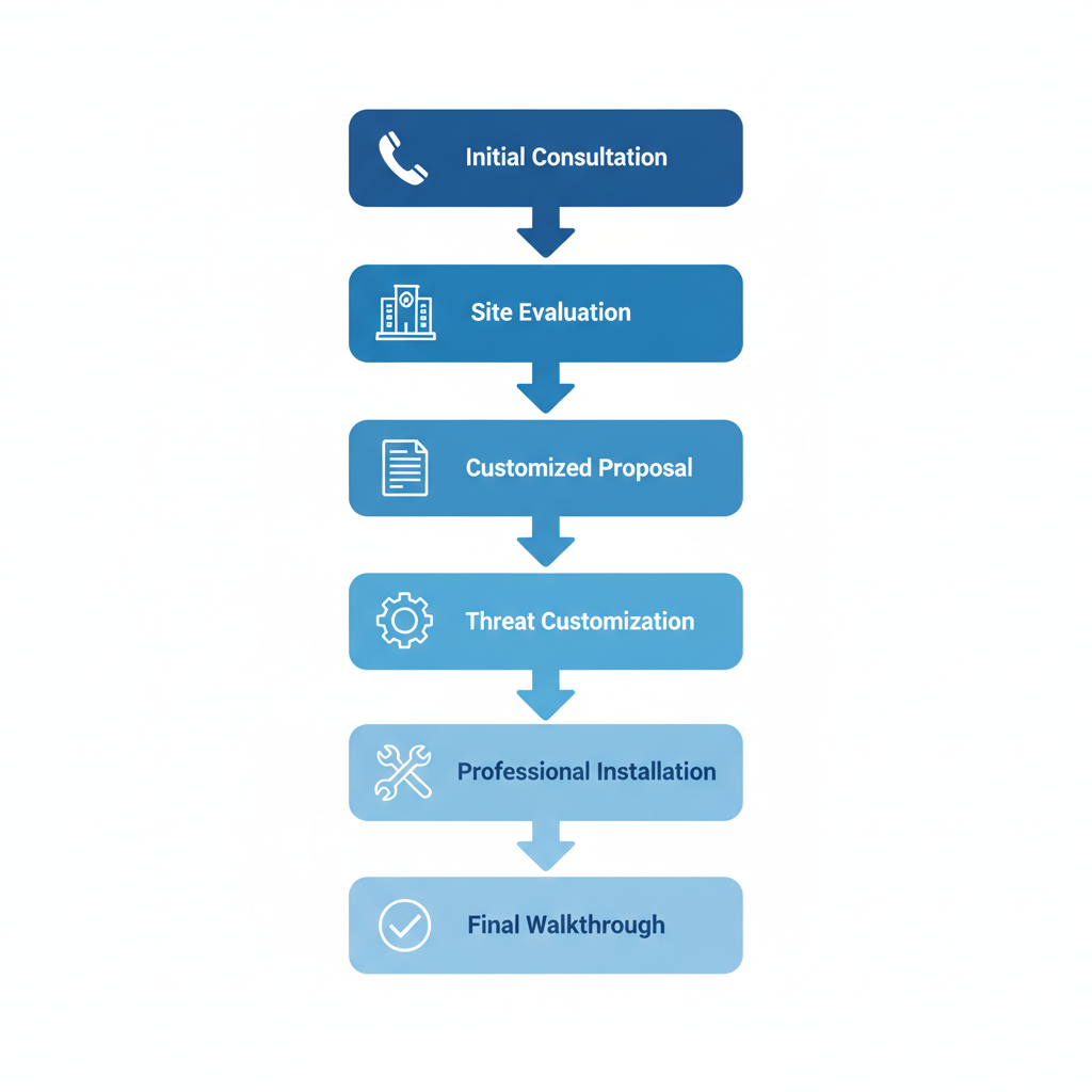 Vertical process flow diagram showing six steps of security film installation for windows
