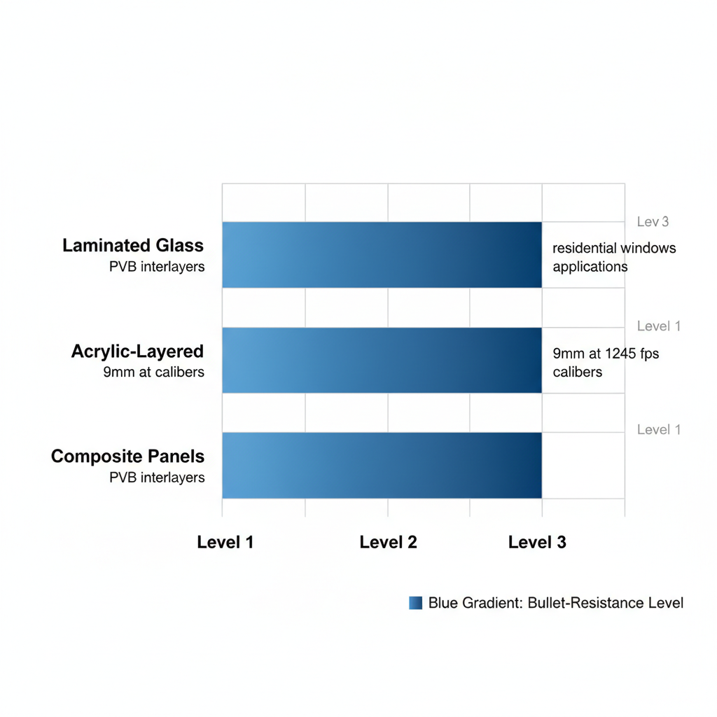 Horizontal bar chart comparing bulletproof glass types and their resistance levels