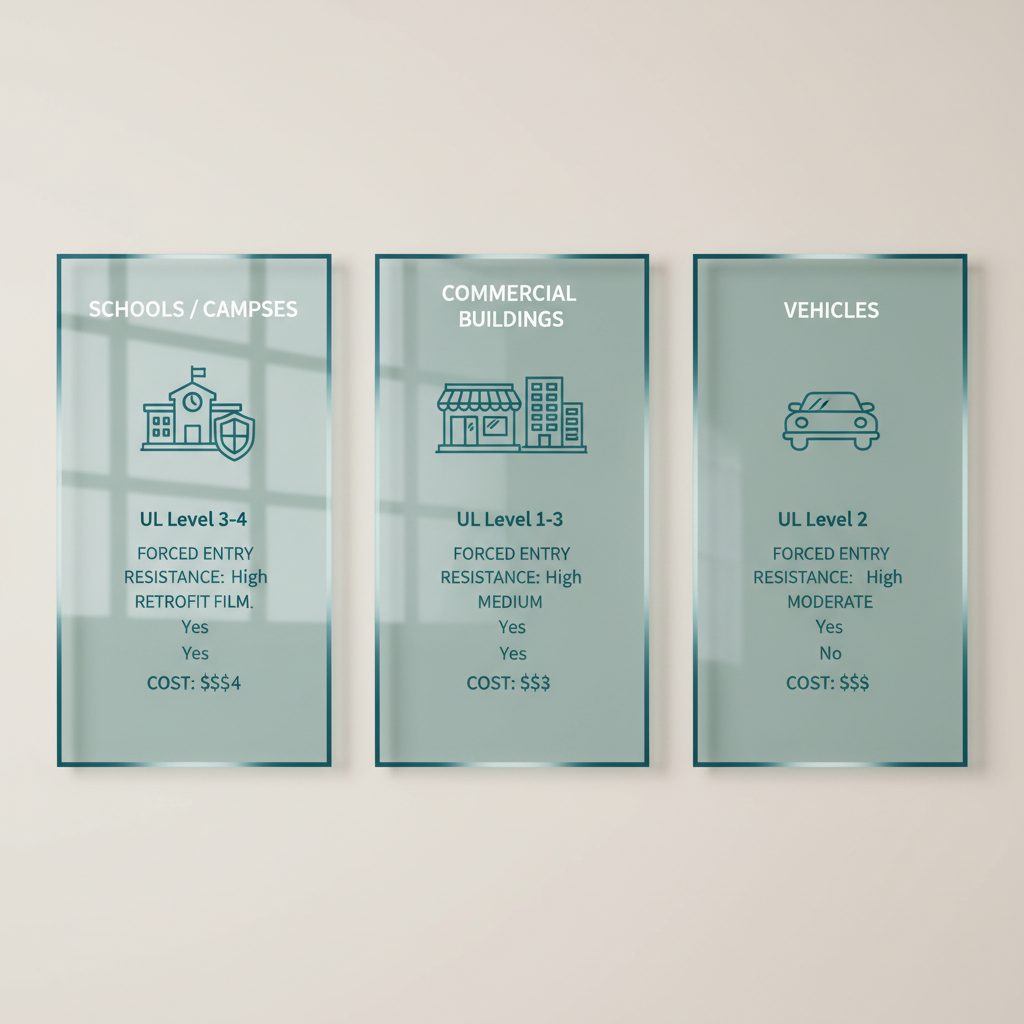 Infographic showing bulletproof glass applications in schools, commercial buildings, and vehicles with levels and benefits