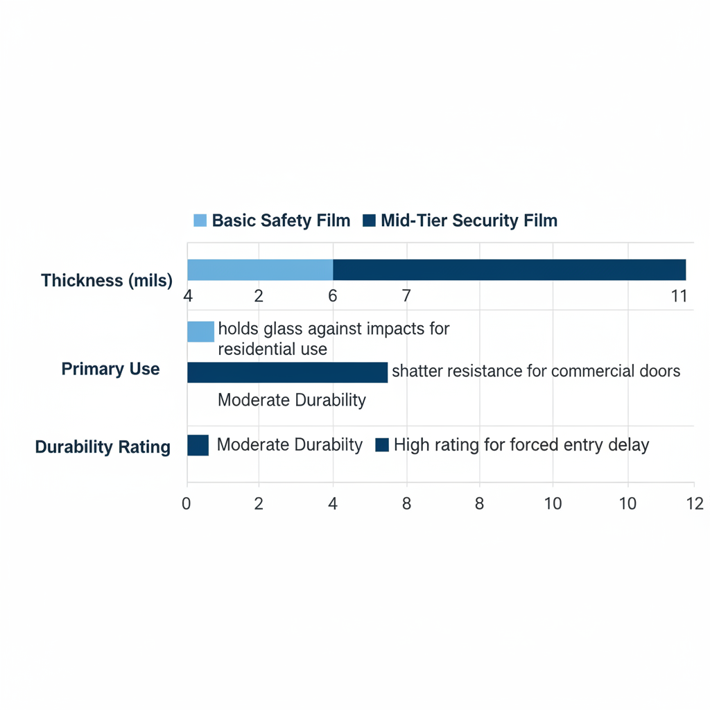 Horizontal bar chart comparing basic and mid-tier safety glass films by thickness, primary use, and durability rating