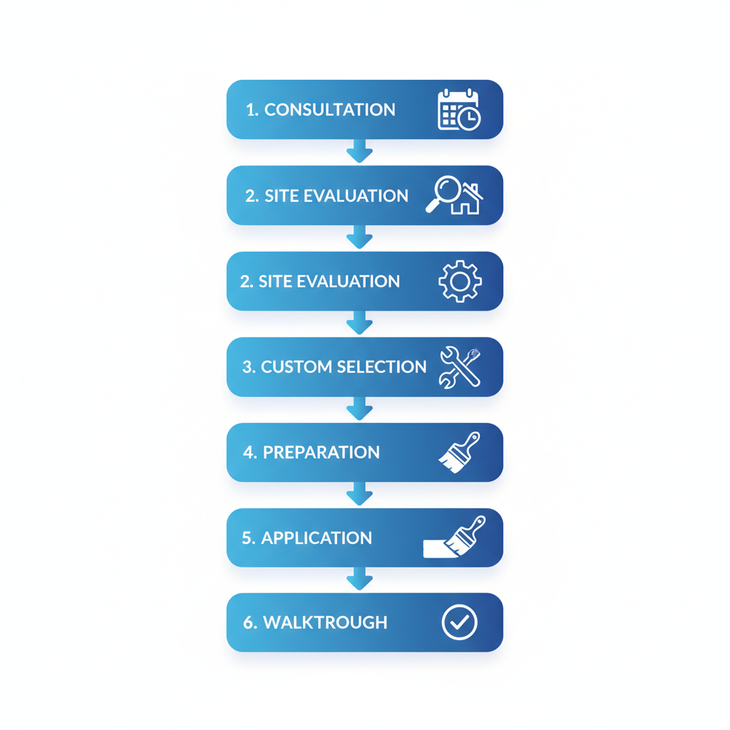 Vertical process flow diagram illustrating the six-step installation of safety glass film with icons and arrows.