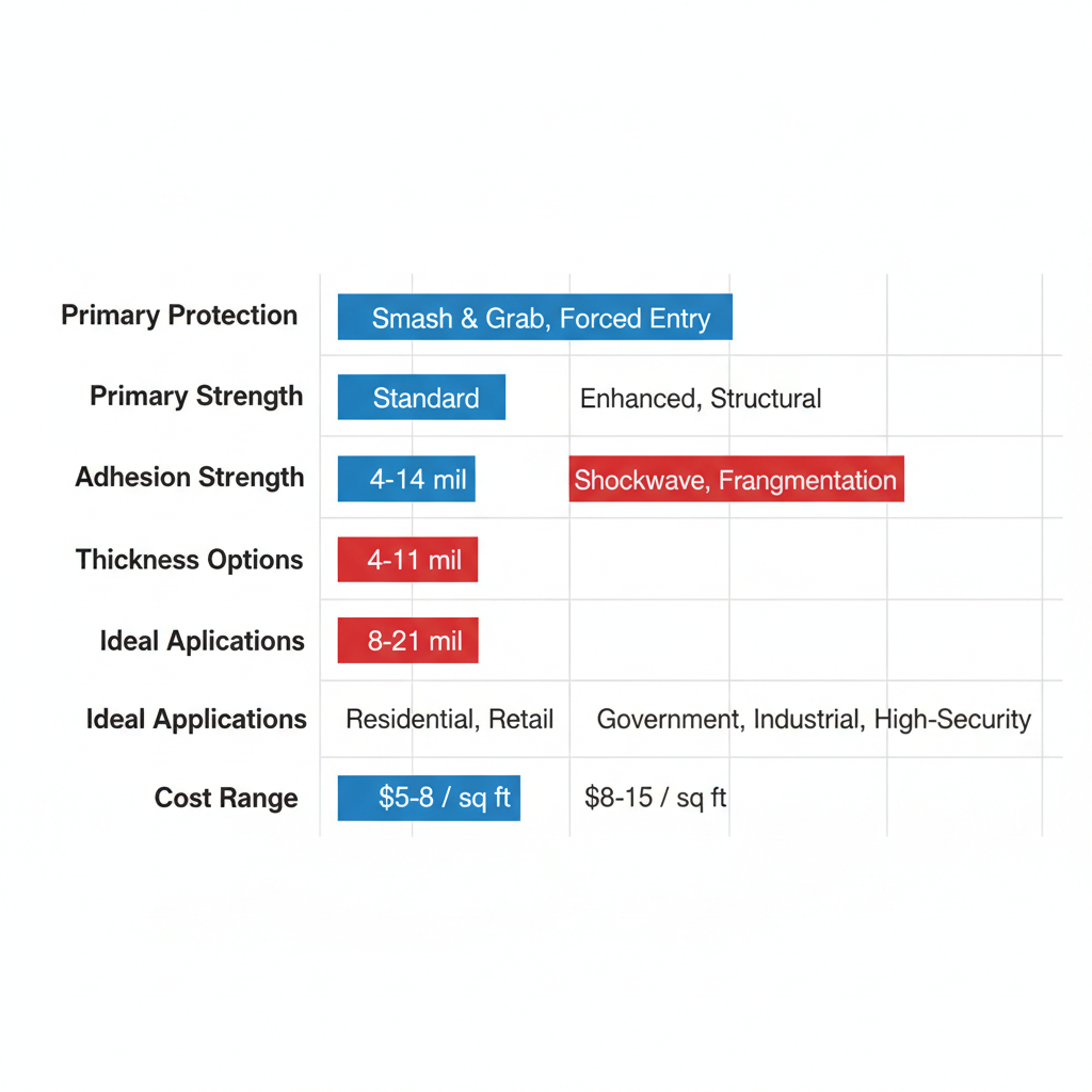 Horizontal bar chart comparing key attributes of window security film and blast mitigation film including protection, strength, thickness, applications, and cost.