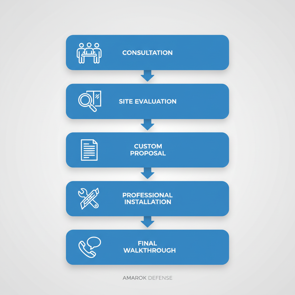 Vertical process flow diagram depicting the six-step installation process for security window films in commercial settings