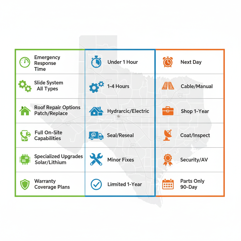 Infographic comparing key RV repair service features in Denton Texas area