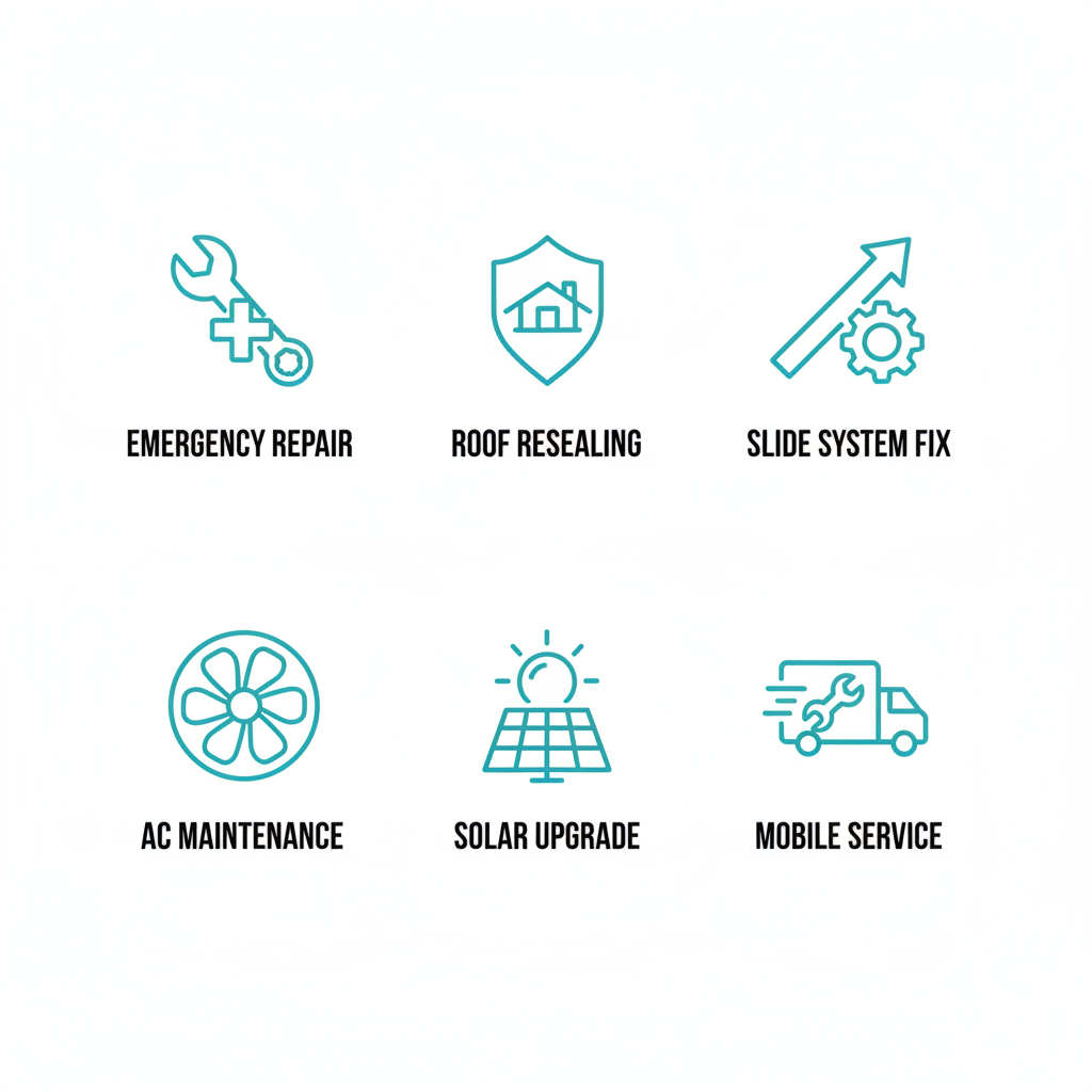 Grid of six flat modern icons illustrating key RV services: emergency repair wrench, roof resealing shield, slide system fix arrow, AC maintenance fan, solar upgrade sun, and mobile service truck, with short labels below each.
