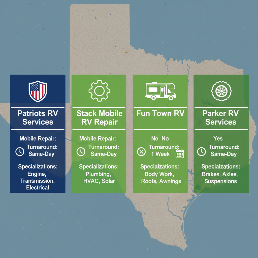 Infographic comparing four RV repair providers in Denton and North Texas with icons for services, mobile availability, turnaround times, and specializations.