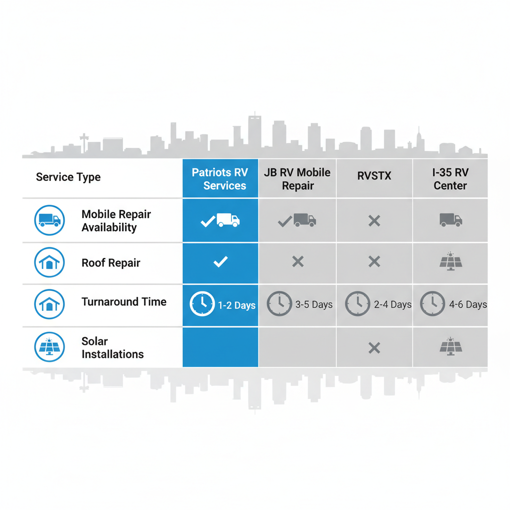 Comparison infographic of RV repair services in Denton area featuring mobile repair, roof repair, turnaround time, and solar installations across providers