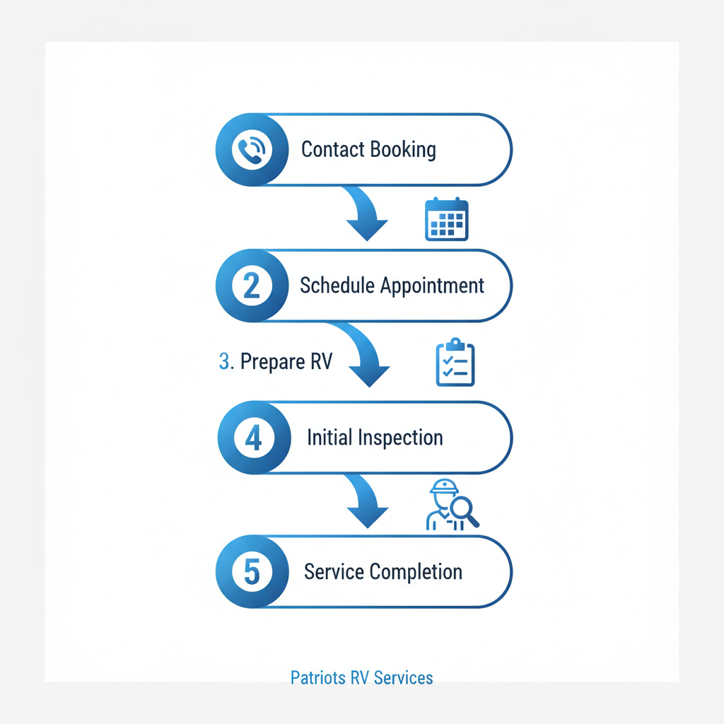 Vertical process flow diagram showing five steps to start RV services in Denton: contacting for booking, scheduling appointment, preparing RV, initial inspection, and service completion.