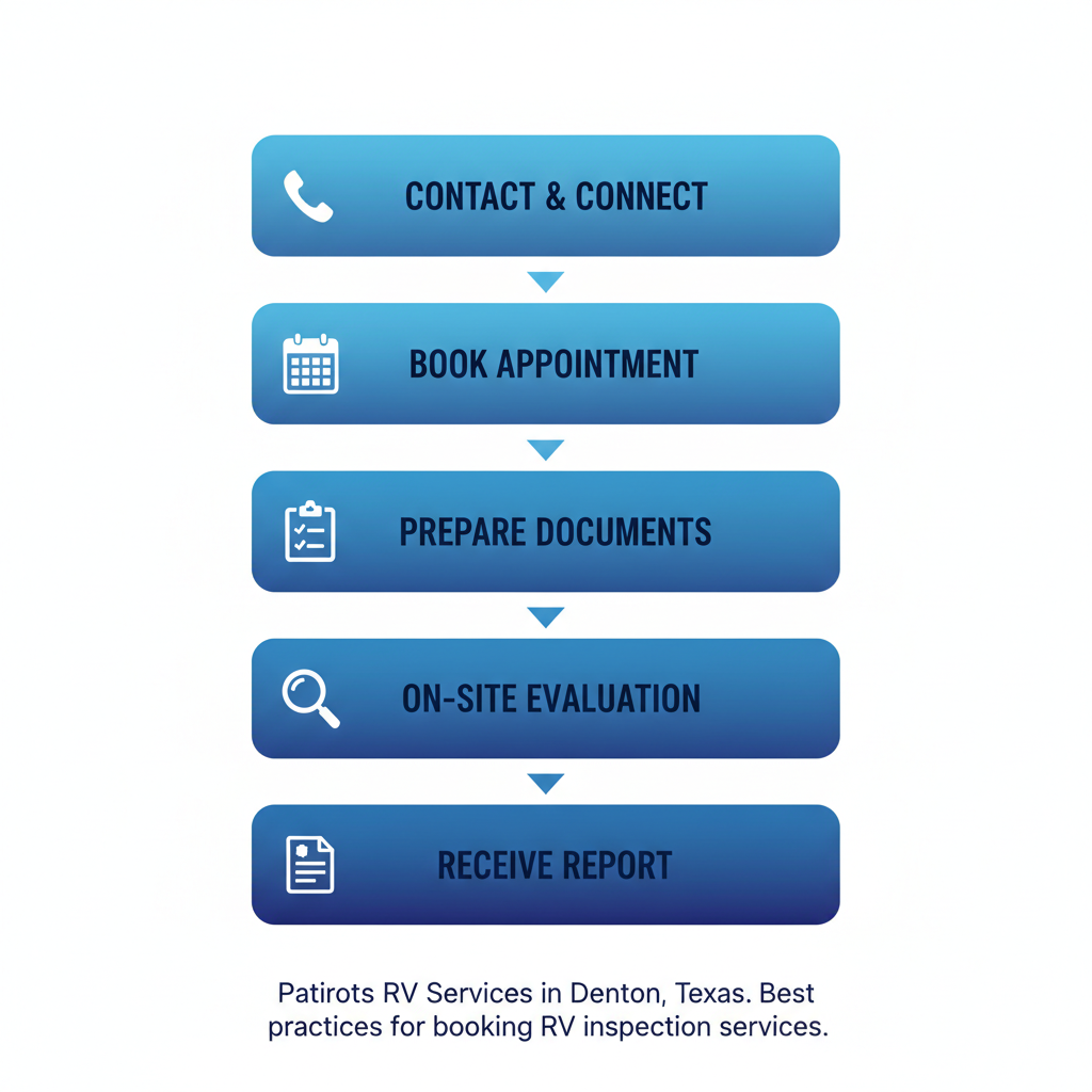 Vertical process flow diagram illustrating five steps to schedule RV inspections in Denton, Texas