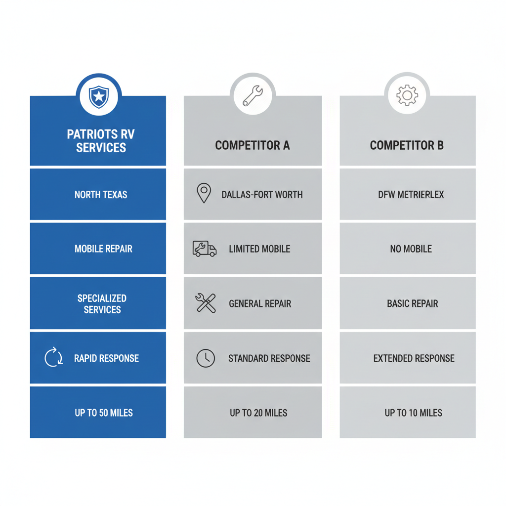Infographic comparing RV service areas and features for Patriots RV Services versus competitors in North Texas