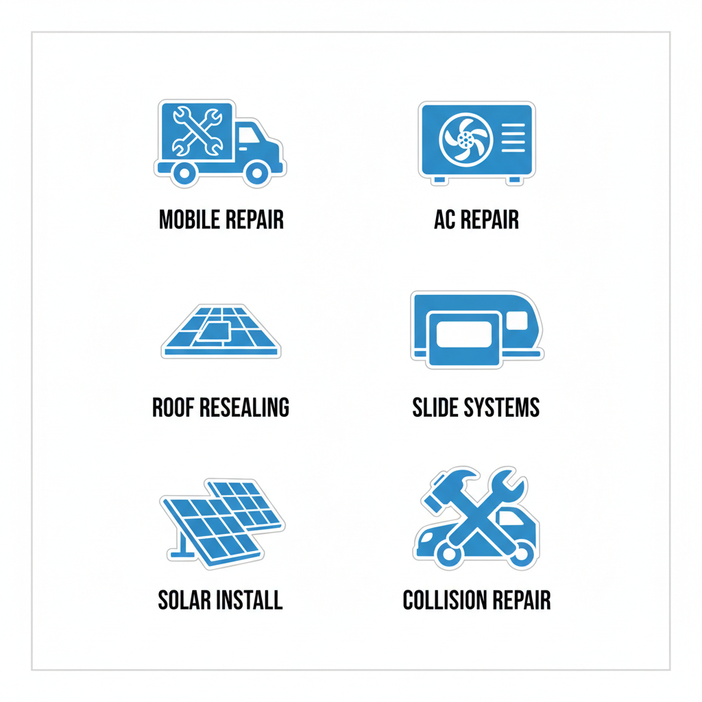 Set of icons depicting RV service options: mobile repair truck, roof resealing patch, solar panel installation, AC cooling unit, Vroom Slide Systems slide out, and collision repair hammer.