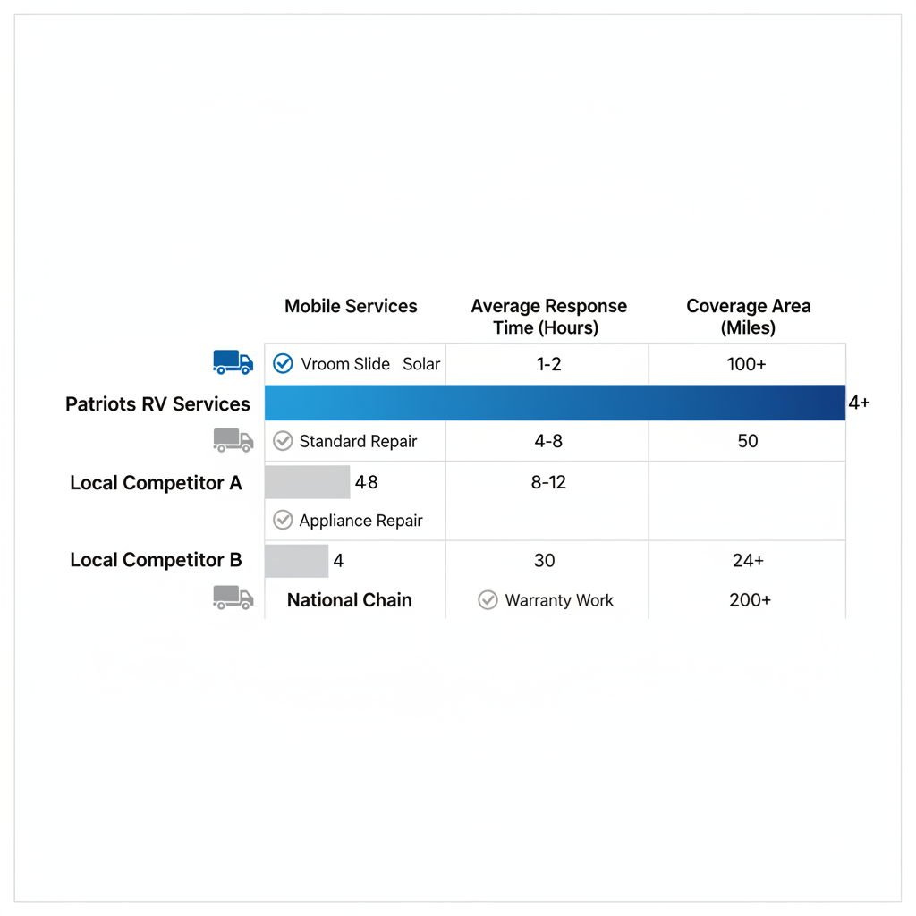 Horizontal bar chart comparing RV service providers in Denton, Texas, emphasizing Patriots RV Services advantages in mobile services, specializations, response time, and coverage.