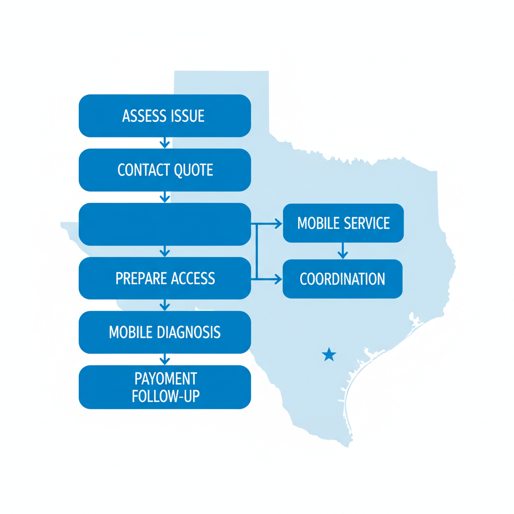 Vertical process flow diagram illustrating the steps to begin RV repairs in Denton, Texas