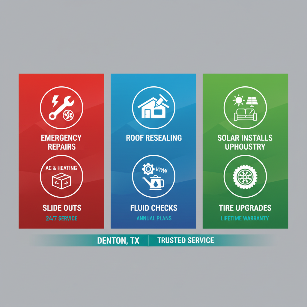 Infographic illustrating emergency repairs, routine maintenance, and upgrades for RV services in Denton TX