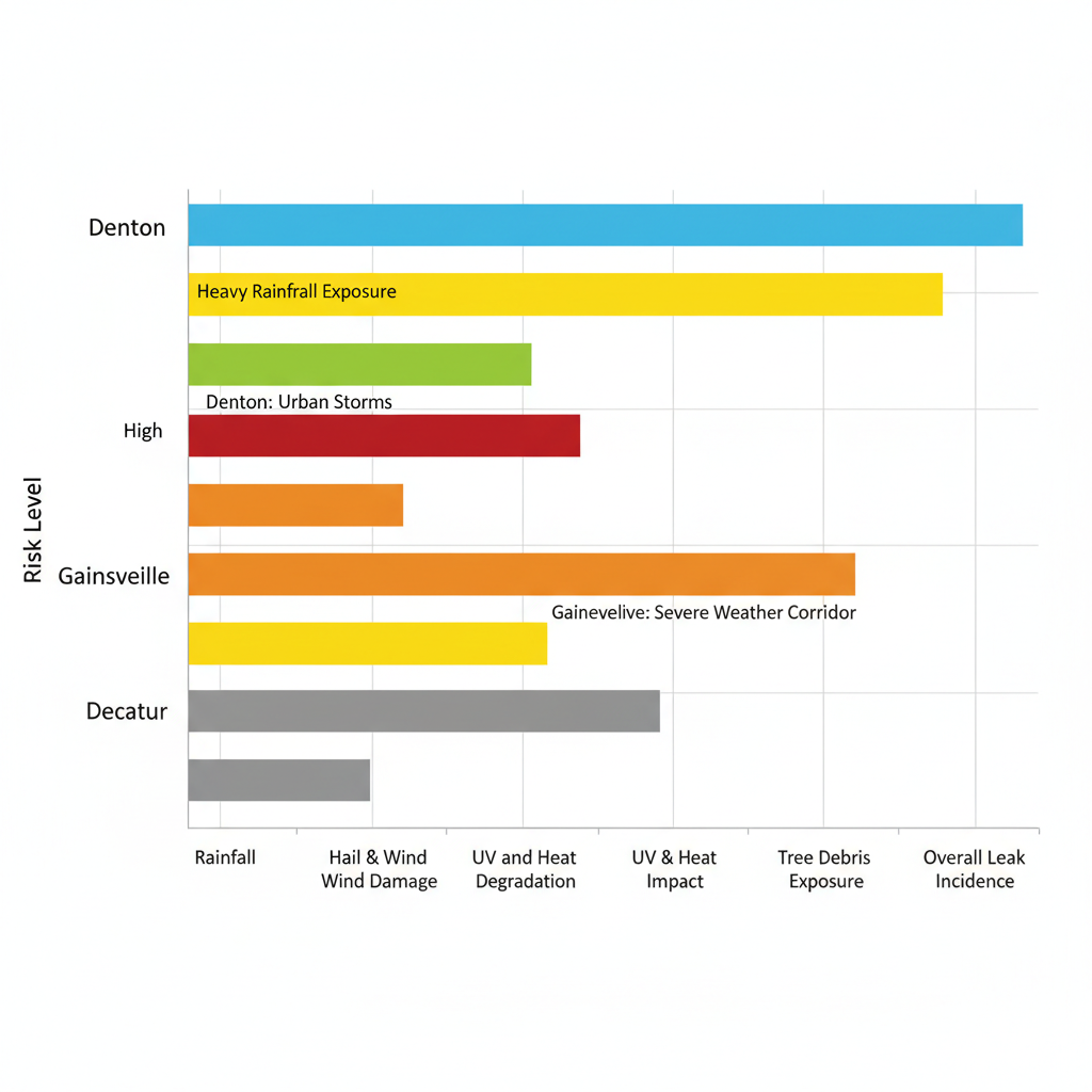Horizontal bar chart comparing RV roof leak risk levels across Denton, Gainesville, and Decatur in North Texas
