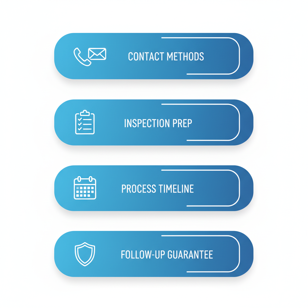 Vertical process flow diagram illustrating steps to schedule RV roof repair including contact, preparation, timeline, and guarantee.
