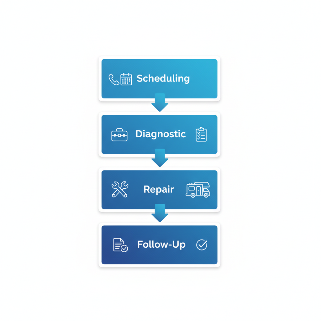 Process flow diagram illustrating the four stages of RV technician services: scheduling, on-site diagnostic, repair execution, and follow-up with warranty.