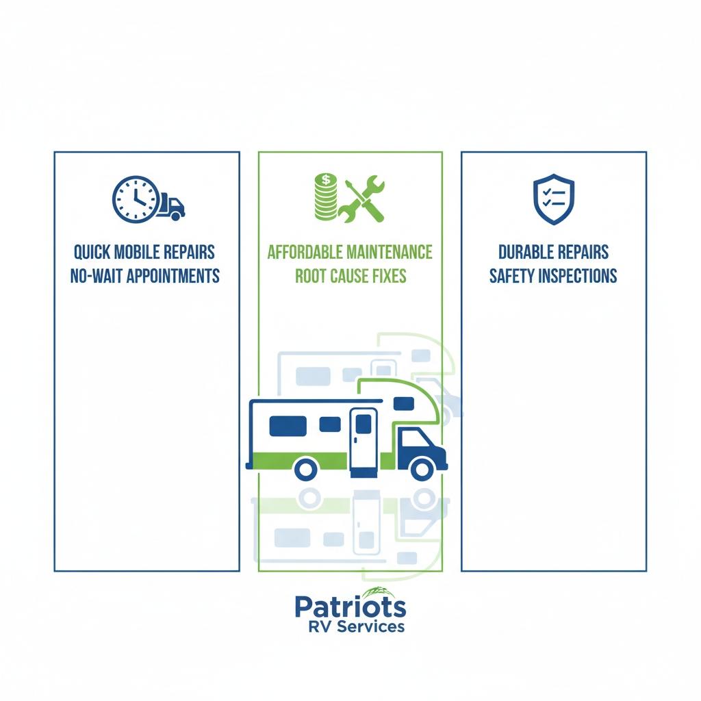 Infographic illustrating key benefits of professional RV technician services including time-saving mobile repairs, cost-effective maintenance, and enhanced safety features.
