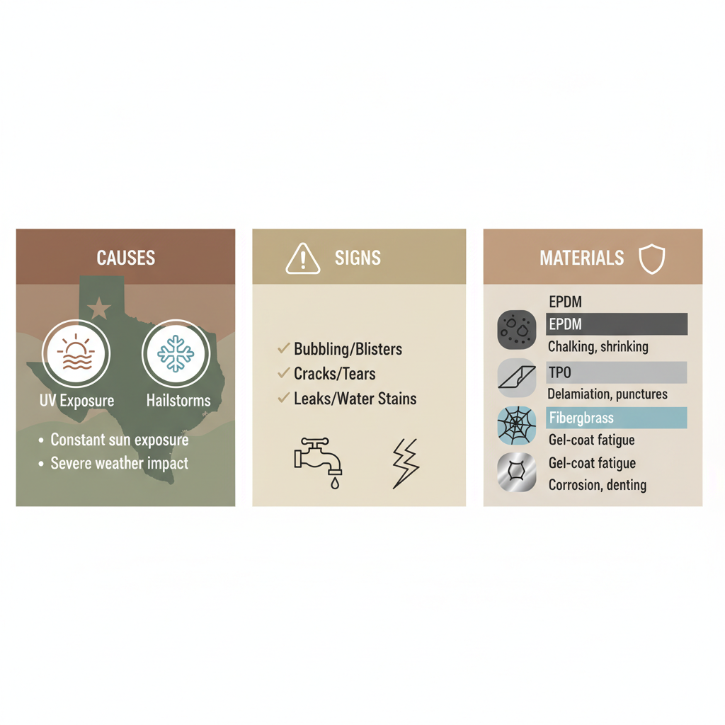Infographic illustrating common causes of RV roof damage like UV and hail, early signs including bubbles and cracks, and material vulnerabilities for EPDM, TPO, fiberglass, and aluminum roofs with earthy tones and icons.