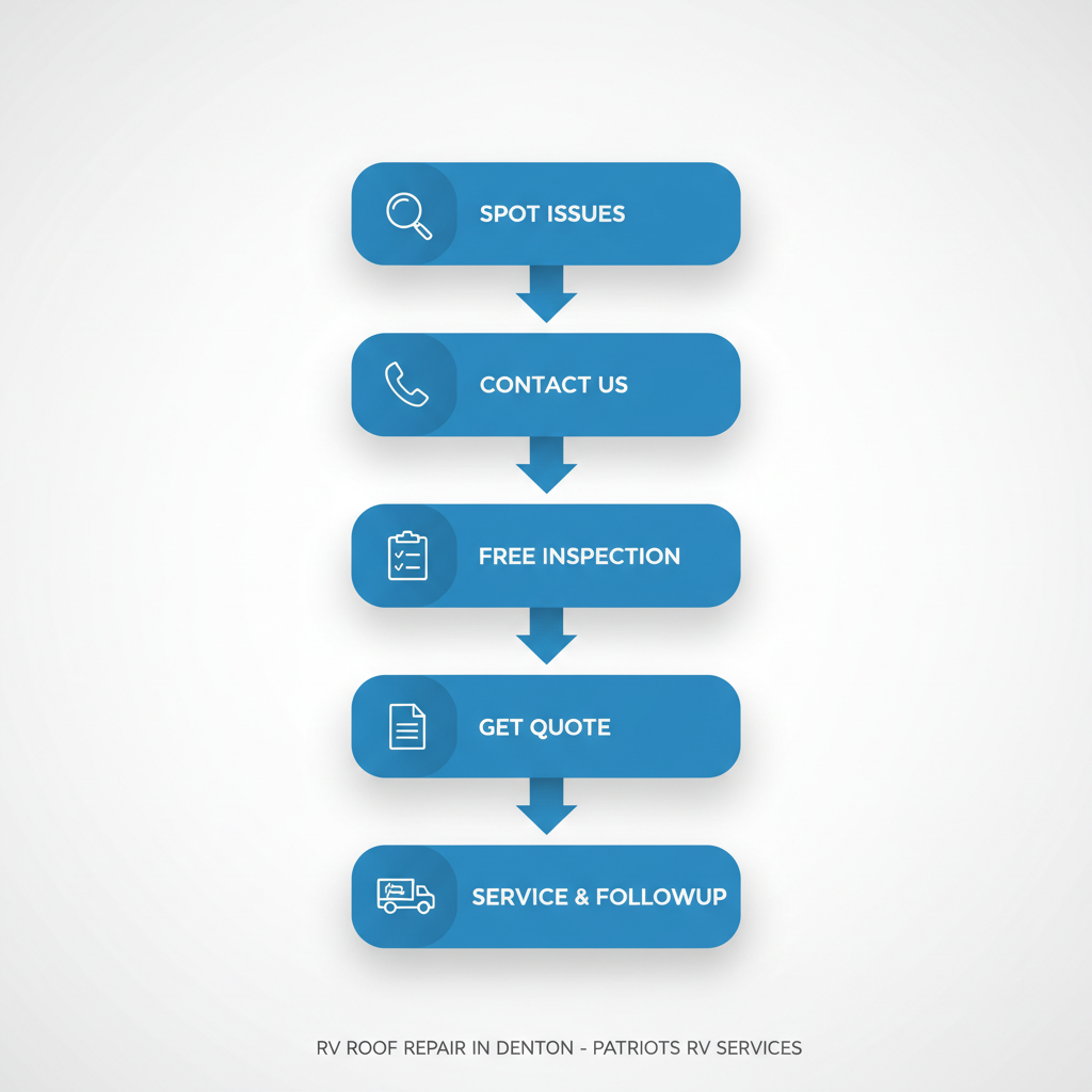 Vertical process flow diagram showing five steps to start RV roof repair in Denton with icons for each stage