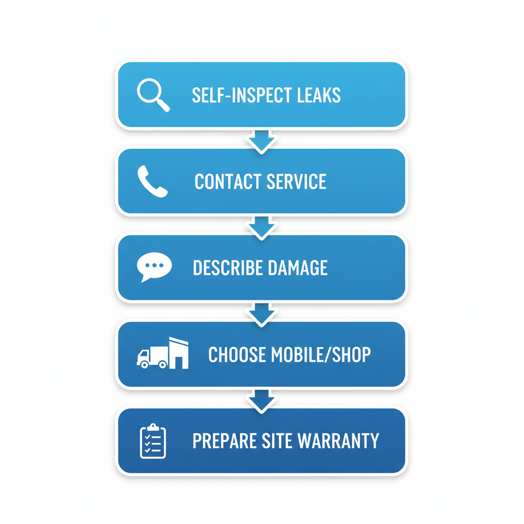 Vertical process flow diagram illustrating five steps to schedule RV roof repair: self-inspection for leaks, contact Patriots RV Services, describe damage and roof type, choose mobile or shop service, prepare site access and receive warranty.