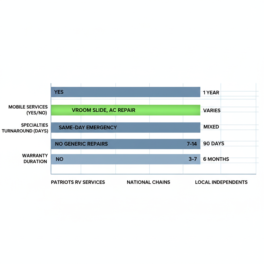 Horizontal bar chart comparing RV repair providers in Denton, Texas, highlighting Patriots RV Services advantages in mobile services, specialties, turnaround, and warranty