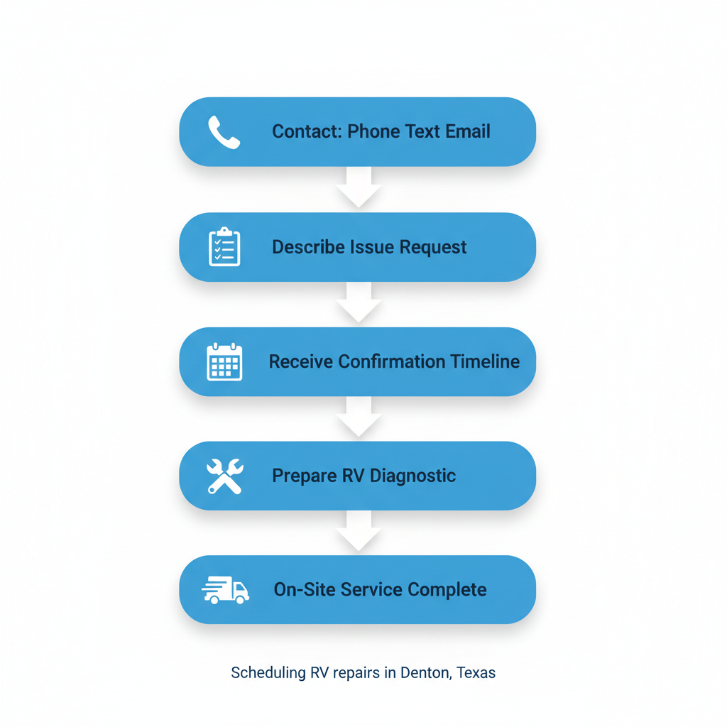 Vertical process flow diagram for scheduling RV repairs in Denton, Texas, with five stages: contact, describe, confirm, prepare, and complete.