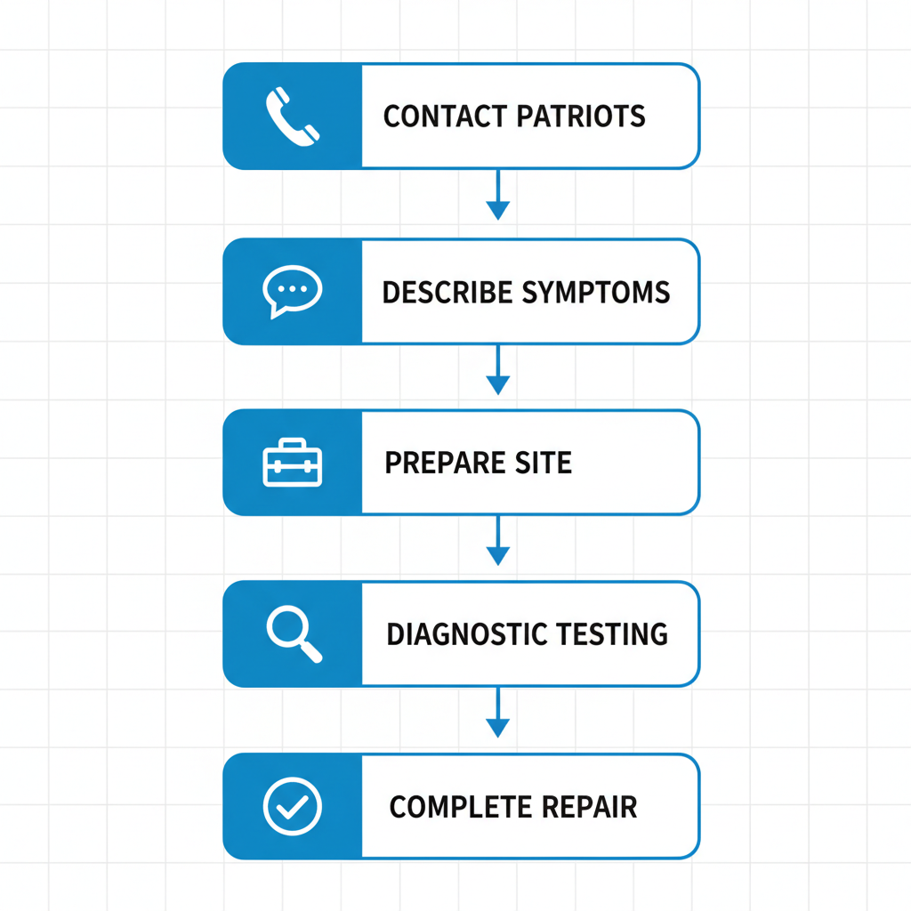 Vertical process flow diagram illustrating five steps to initiate RV AC repair: contact via call/text/email, describe symptoms, prepare site, diagnostic testing, and complete repair.