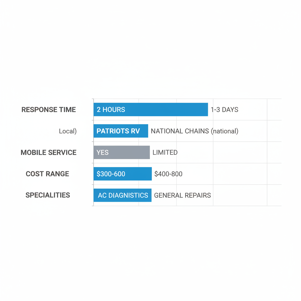 Horizontal bar chart comparing local and national RV AC repair options in Denton area by response time, mobile service, cost, and specialties