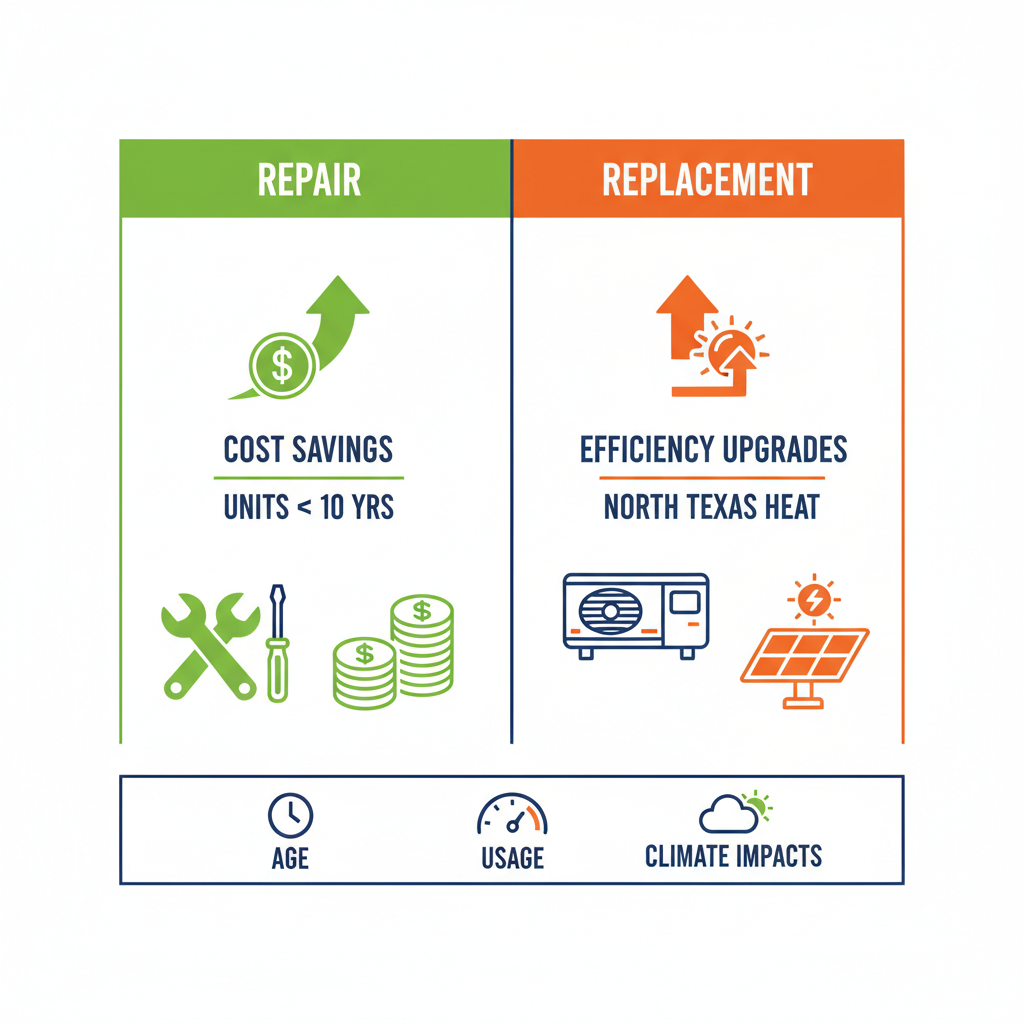 Infographic showing repair versus replacement options for RV air conditioning units in Denton, Texas, highlighting pros, benefits, and key factors.
