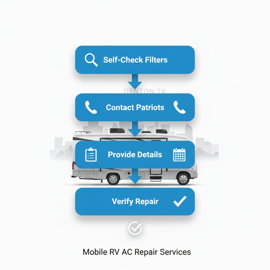 Vertical process flow diagram showing five steps for RV AC repair in Denton with icons and blue rounded boxes.