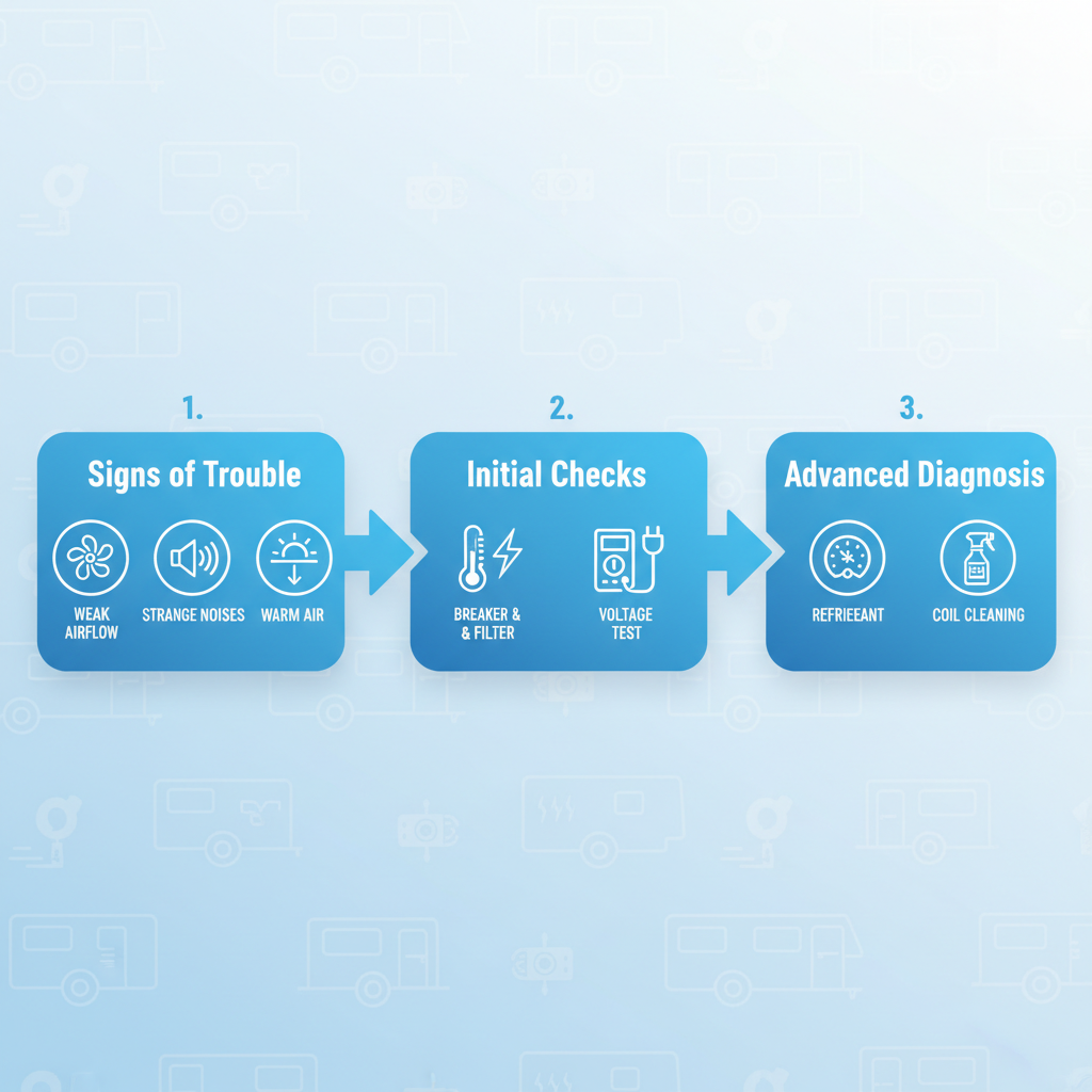 Horizontal process flow diagram illustrating three key steps for diagnosing RV AC issues: signs of trouble, initial checks, and advanced diagnosis with relevant icons.