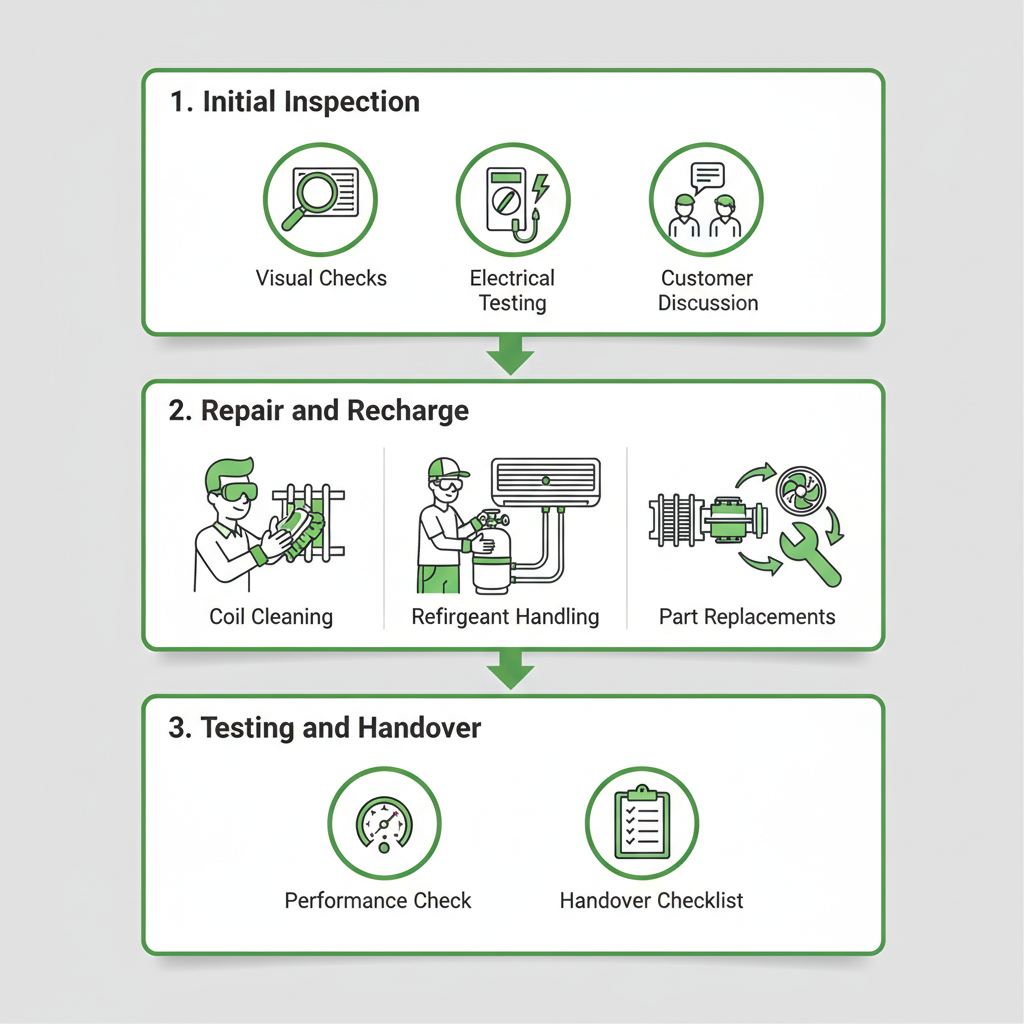 Vertical process flow diagram showing the three stages of RV AC repair: initial inspection, repair and recharge, and testing and handover at Patriots RV Services