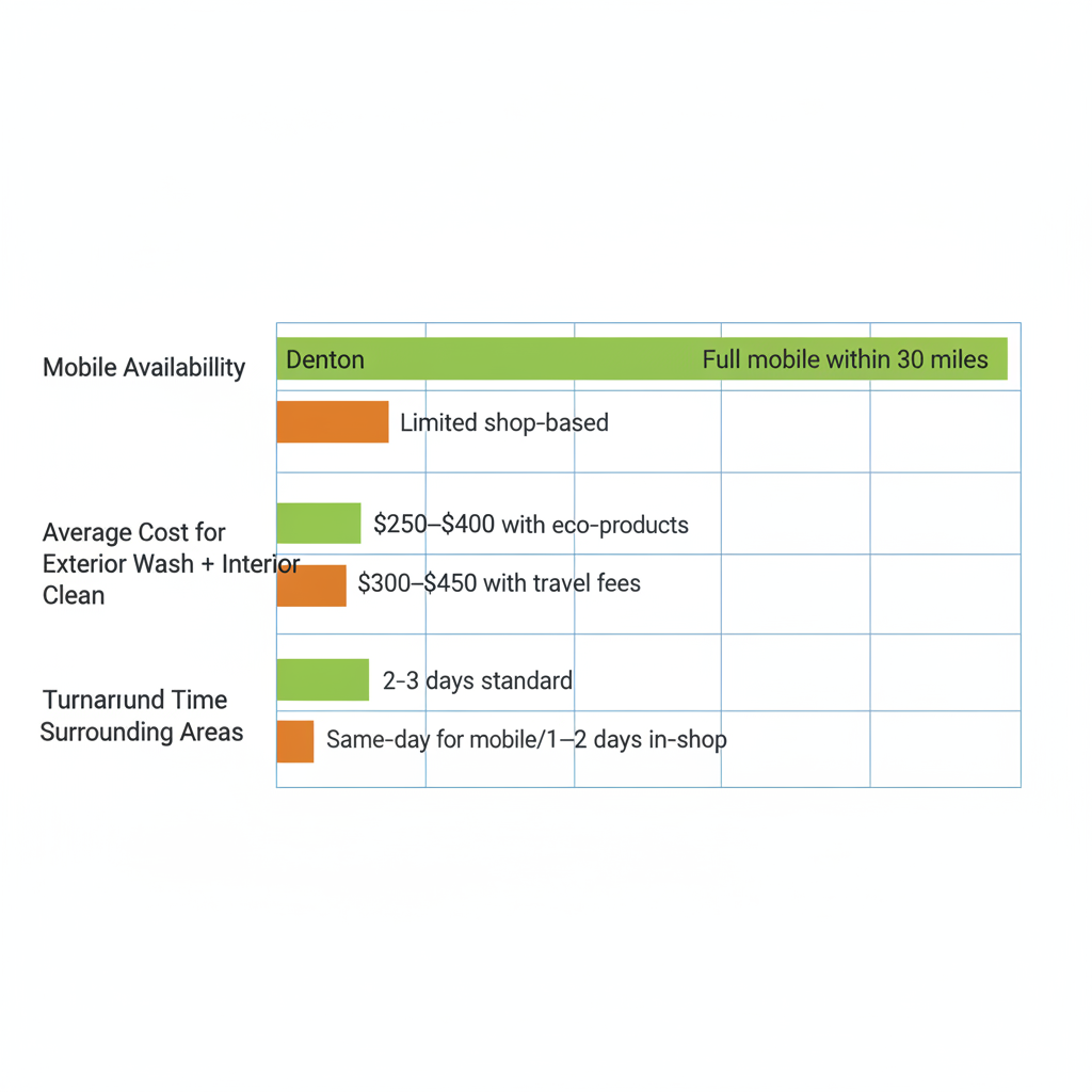 Horizontal bar chart comparing RV detailing options in Denton versus nearby North Texas areas, highlighting mobile availability, costs, and turnaround times