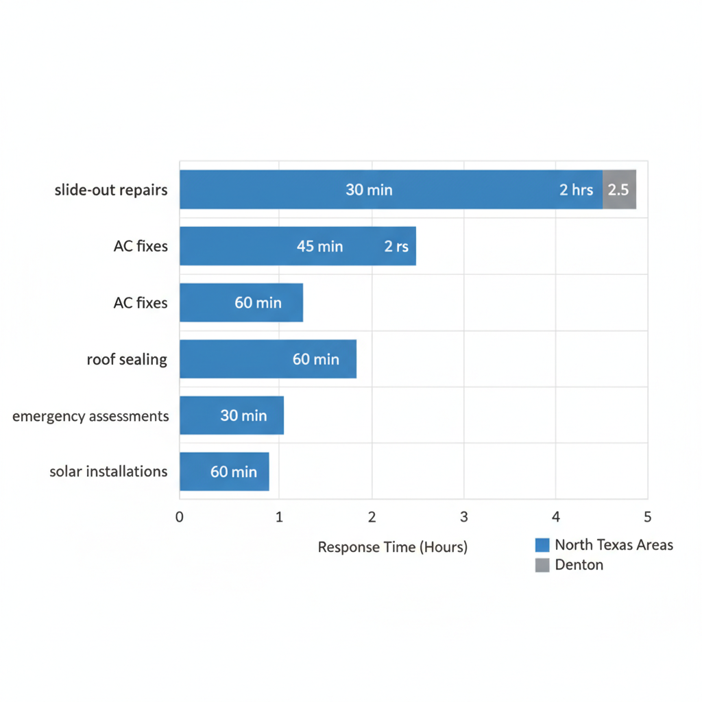 Horizontal bar chart comparing response times for RV services like slide-out repairs and AC fixes in Denton versus nearby areas, showing Denton's faster times.