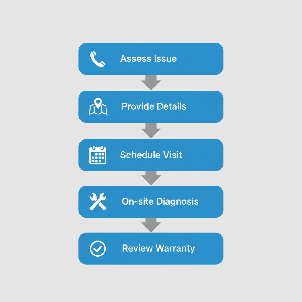 Vertical flowchart depicting five steps to arrange a mobile RV technician service in Denton, including assessment, details provision, scheduling, on-site repair, and warranty review.