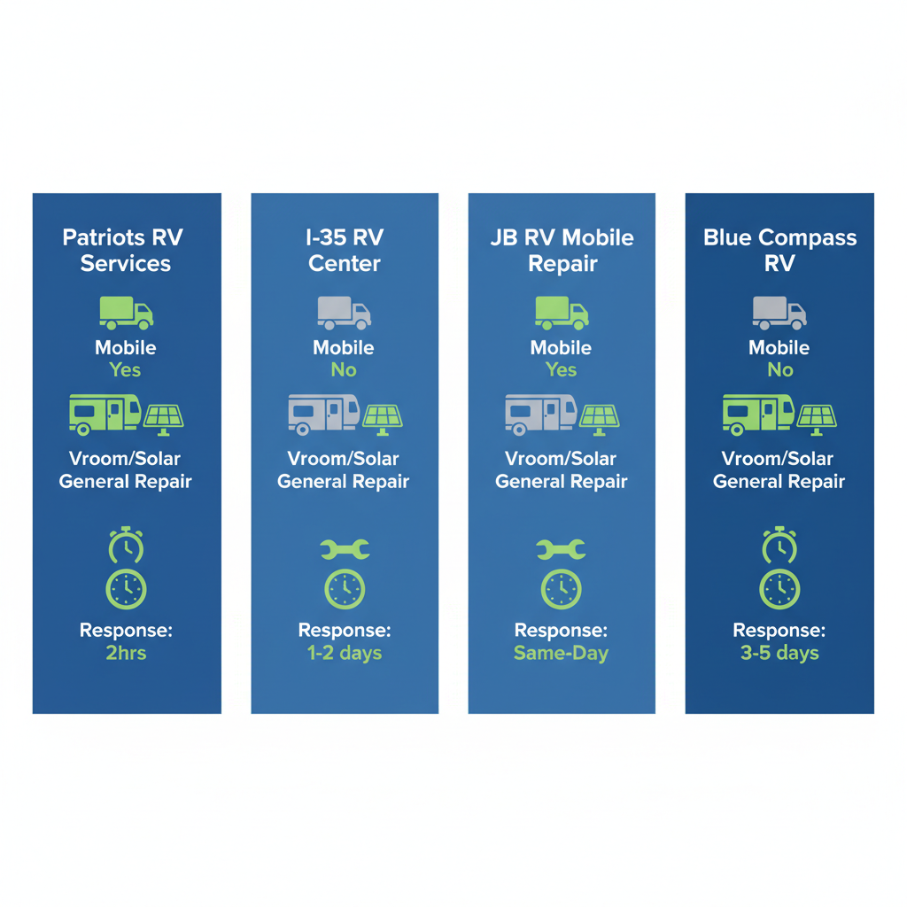 Infographic comparing four RV service providers in Denton and North Texas with icons for mobile service, specializations, and response times